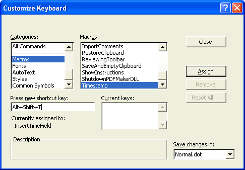 Customize Keyboard dialog box